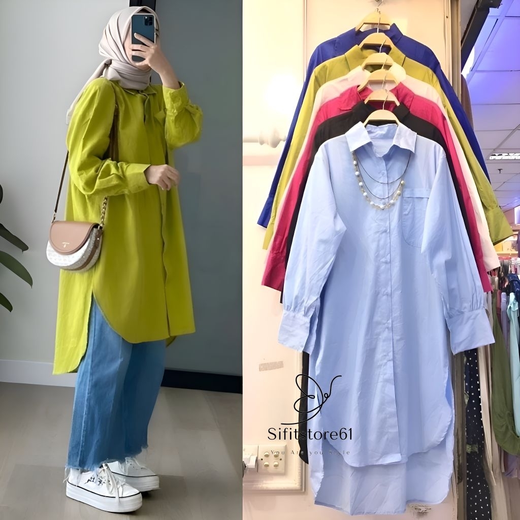 Kemeja Long Tunik Wanita Ld 120 cm Tunik Jumbo Lengan Panjang Busui Kekinian Trendy