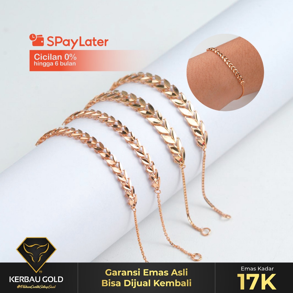 [Kerbau Gold] Gelang Emas Serut Shimmer Daun Simple 17K - Emas Asli