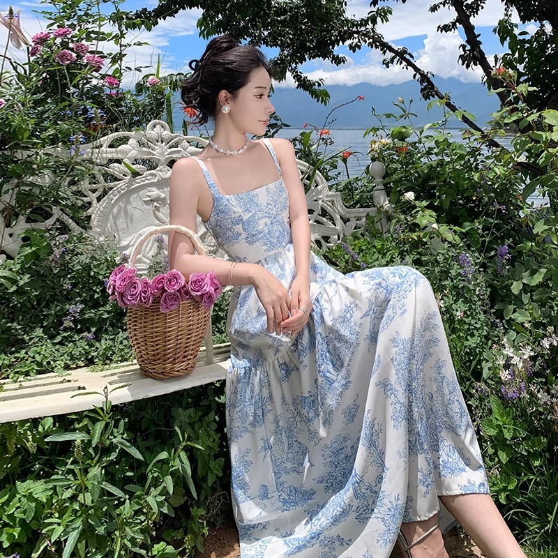 Long Dress Biru Muda Press Body Korea Dress Sexy Sleeveless Halter Dress Slit Floral Jumper Dress Fo