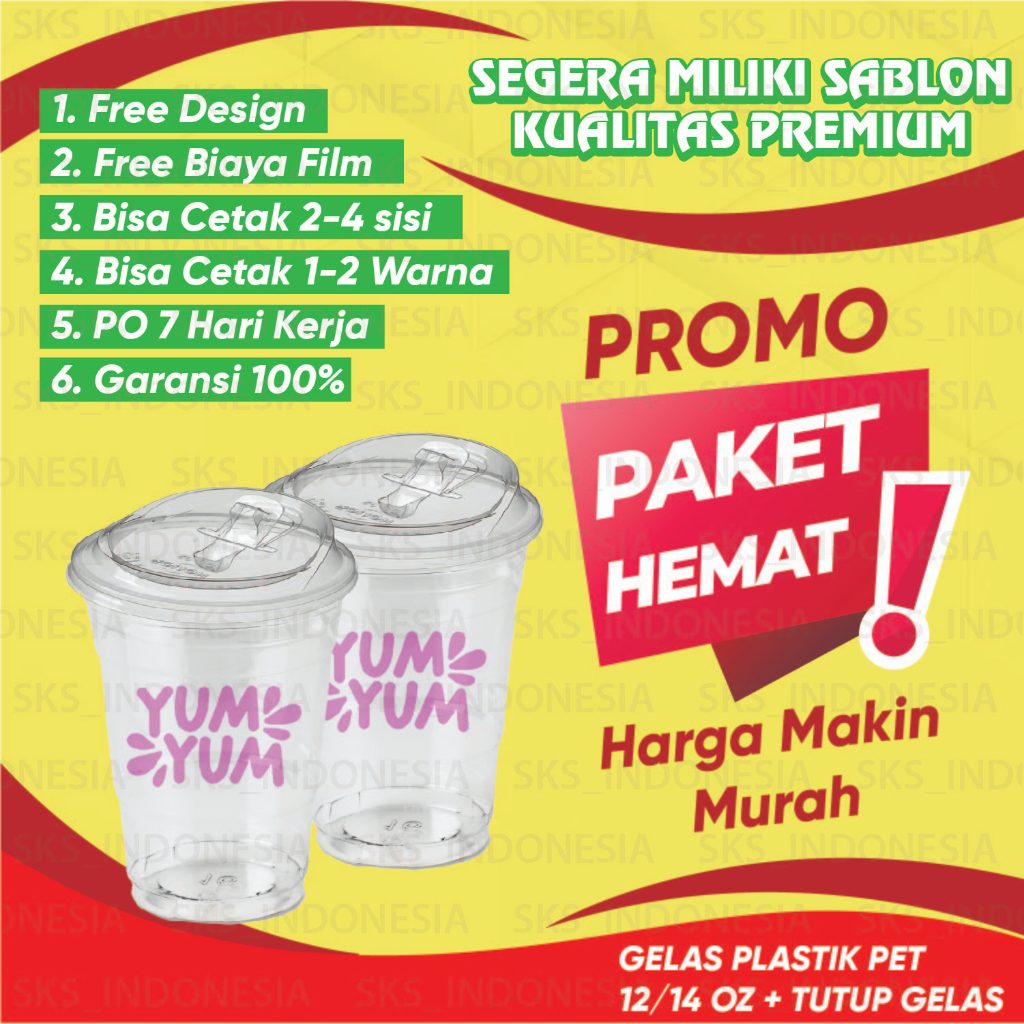 Sablon Cup Plastik PET 12/14 OZ + Tutup 300 pcs, 500 pcs, Dan 1000 pcs