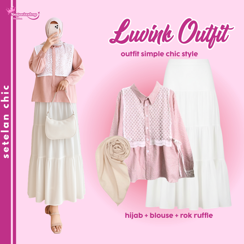 Setelan One Set 3in1 Blouse Lace Lucu Korean Style Rok Ruffle Hijab Segi Empat Wanita Muslim 196