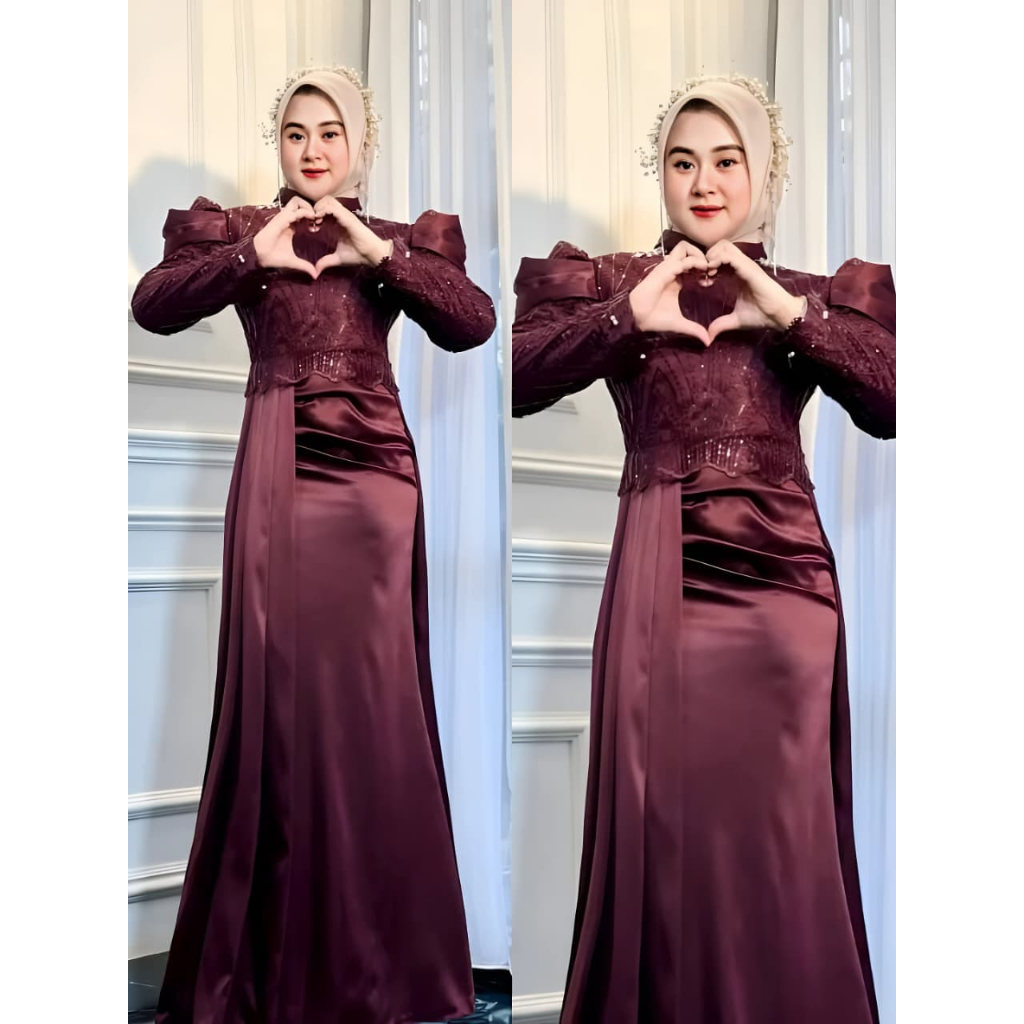 Gamis Brokat Remaja Bridesmaid Burgundy Terbaru Body Press Simple Mewah Elegan Bahan Velvet Premium