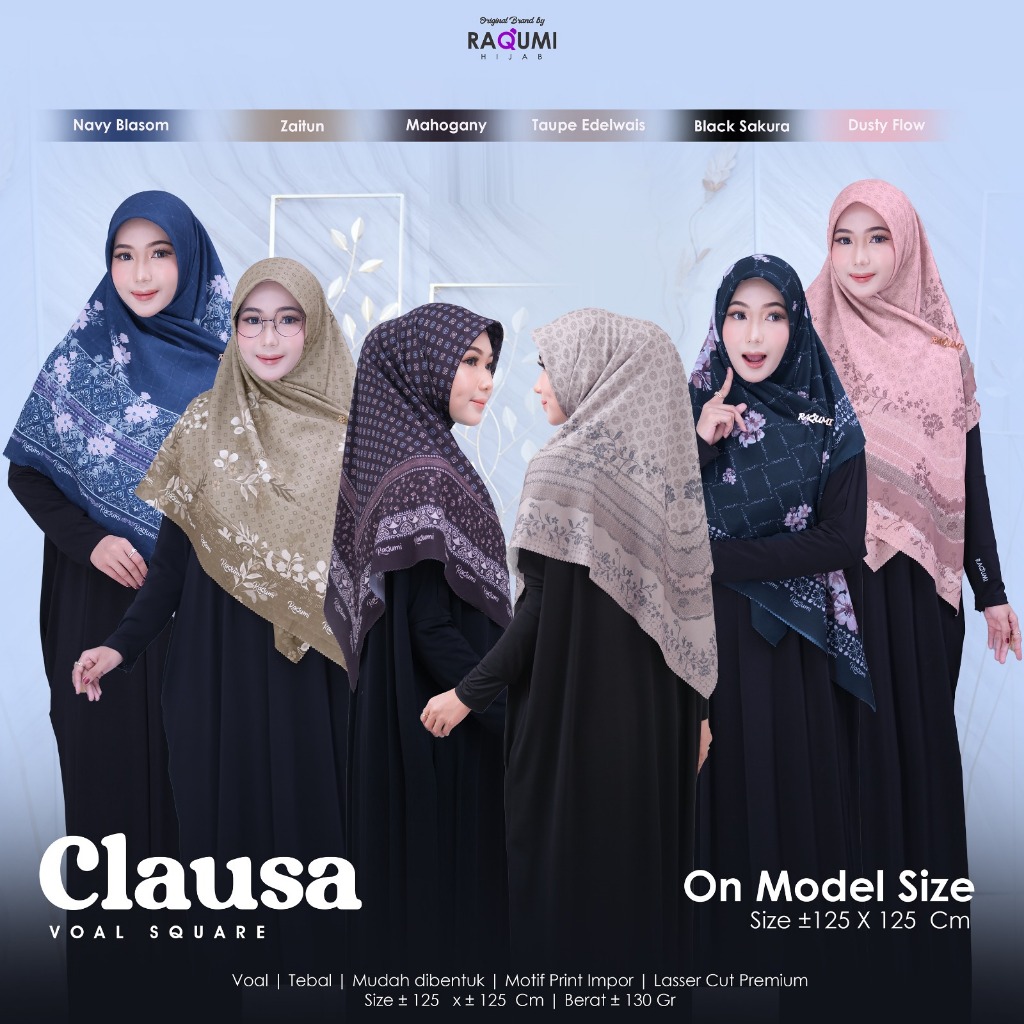 Clausa Voal Square Original Raqumi Hijab Wanita Voal Jilbab Segi Empat Motif Clausa Raqumi