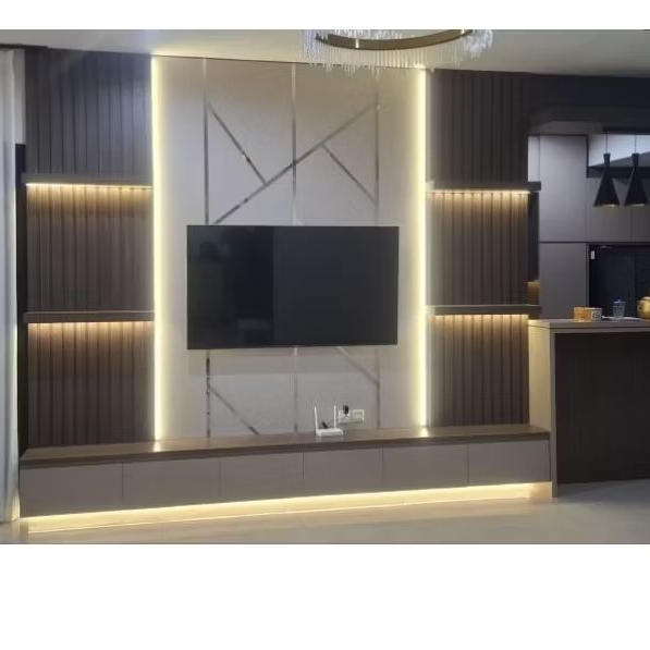 backdrop tv minimalis / backdrop tv gantung / backdrop tv custom HPL / rak tv gantung