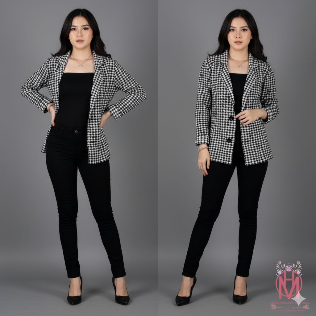 HMC-  ( SALE ) O1111 LOVY HOUNDSTOOTH PLAID KNITTED BLAZER / BLAZER WANITA / OUTER TARTAN WANITA / O