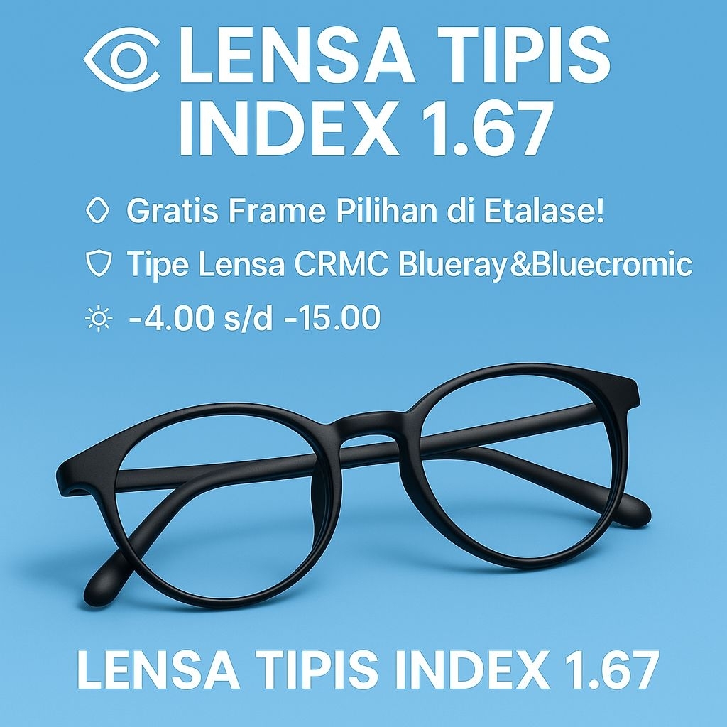 Lensa Minus Tinggi HI-Index 1.67 Blueray Photochromic Bluecromic – Gratis Frame Pilihan di Etalase (