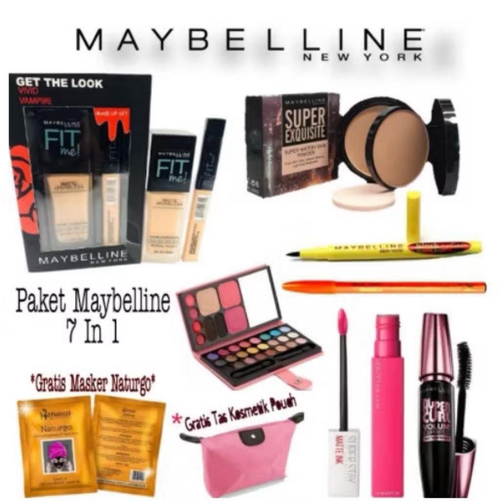 Paket Make Up Lengkap Set 7 In 1 (Free masker & Tas) / Maybelline / Make Up / Paket Make Up