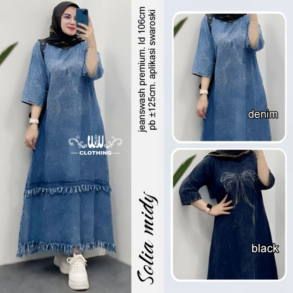 MIDI DRESS JEANS JUMBO/SOLIA/DRESS MIDI WANITA JEANS WASH PREMIUM JUMBO LD 106 CM FIT XL