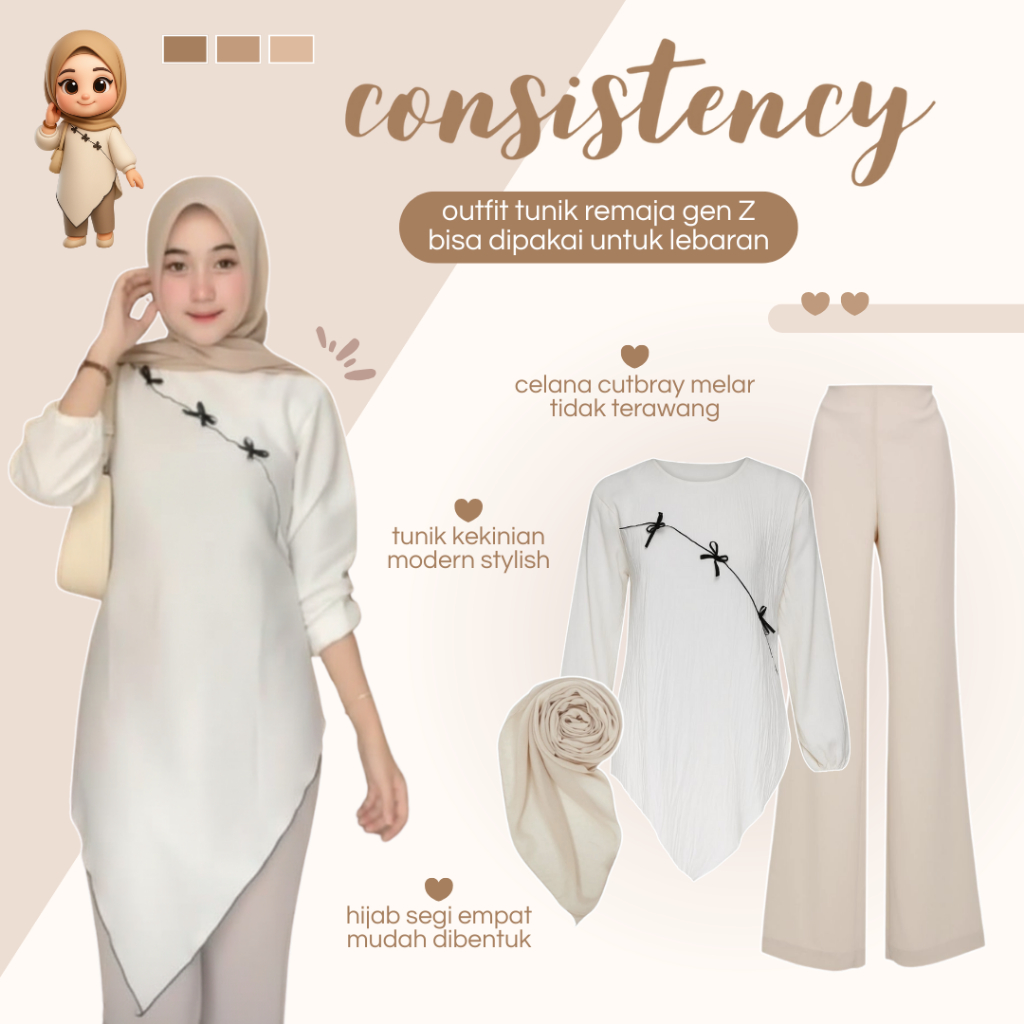 Outfit Lebaran Korean Style | Tunik Putih + Celana Cutbray + Hijab | Setelan Muslim Simple - AM196N