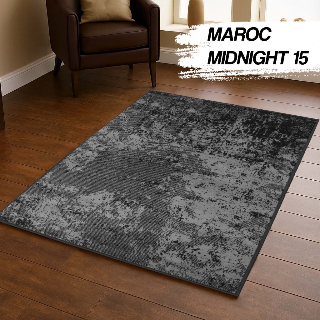 KARPET LANTAI MAROC MIDNIGHT 15 100x150 PERMADANI MINIMALIS KARPET MONOKROM KARPET BULU TEBAL/KARPET