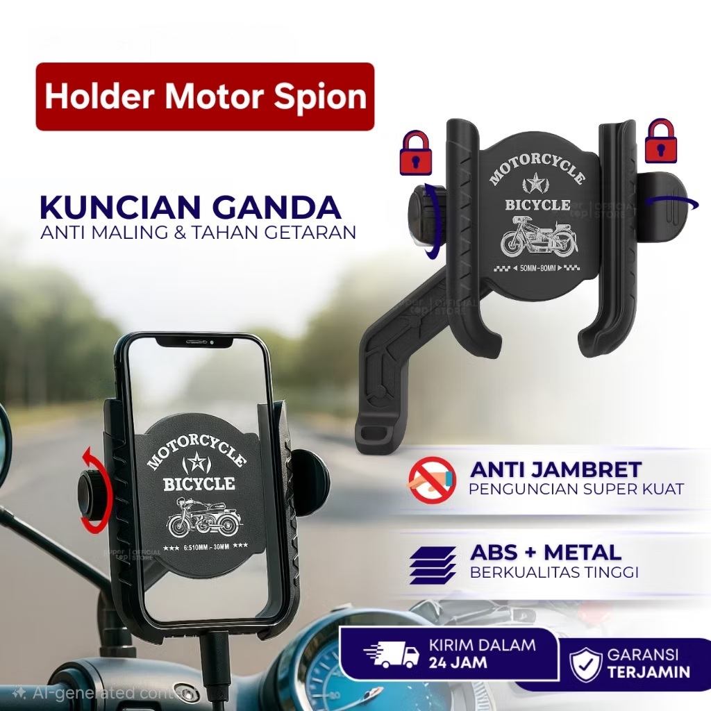 MH -Dudukan Hp Spion Motor Holder Motor Anti Maling Dual Lock 360 Rotasi VA8