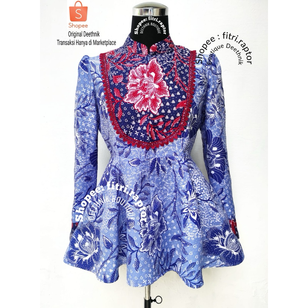 Baju batik wanita model peplum warna biru motif bunga