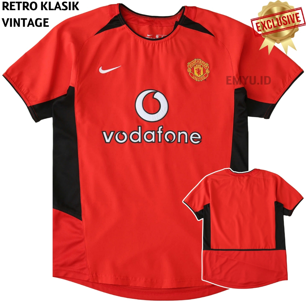 Jersey Retro Mnchstr Untd Home 2002 2003 2004 Merah Baju Bola Emyu MU Vintage Vodafone Pasang Custom
