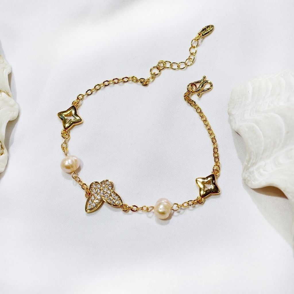 Gelang Rantai Rhodium lapis emas 18krt Mutiara air tawar asli Lombok