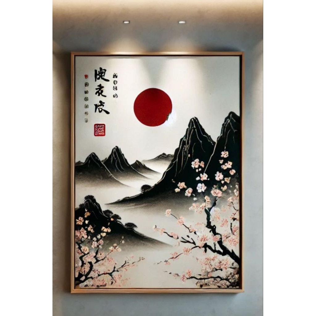 Lukisan Dinding Pemandangan Jepang - Red Sun Over the Mountains