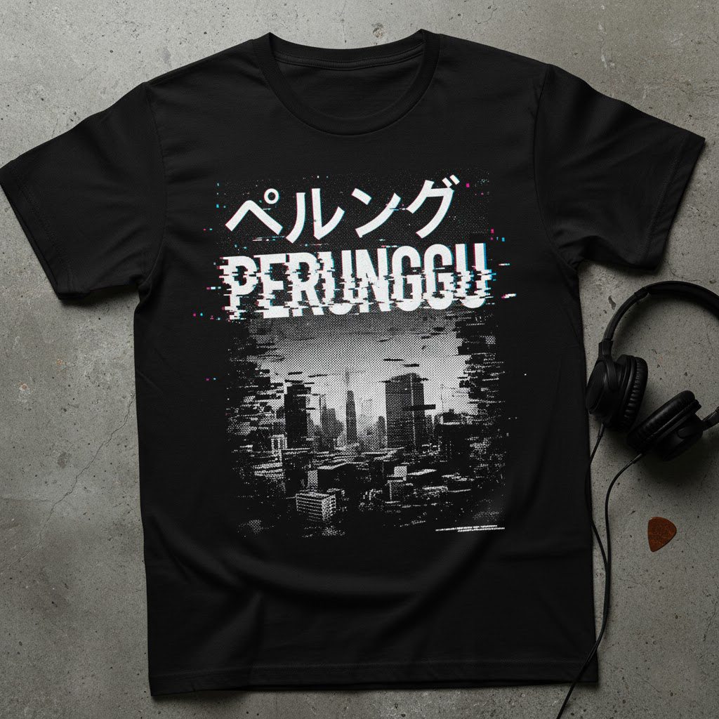 Kaos Distro Glitch Art PERUNGGU City Japanese Aesthetic | T-Shirt Oversize Pria Wanita Streetwear