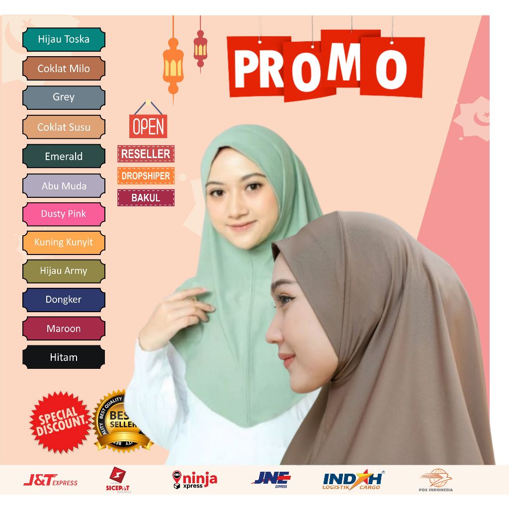 By assalam - 88rb dapat 10pcs jilbab hijab kerudung bergo non pet tanpa pet malay hamidah jersey ade
