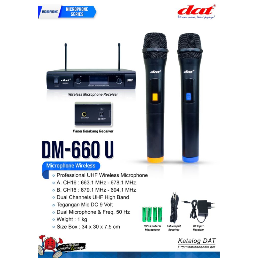 DAT DM-660U – Mic Wireless UHF Dual Channel, 2 Mic, Suara Jernih
