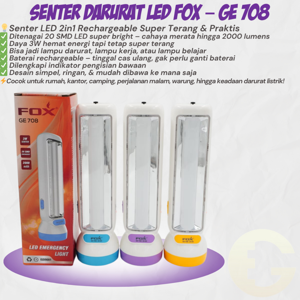 Senter Darurat LED FOX GE 708 Rechargeable | Lampu Emergency LED 3W Super Terang 20 SMD | Outdoor