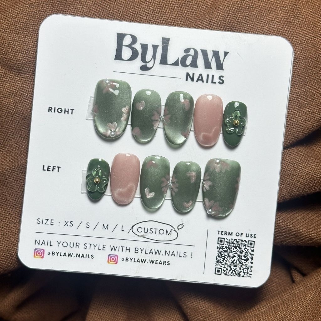[ BYLAW.NAILS ] Pink dan Green Dengan Motif Bunga dan Love | PREMIUM FAKE NAILS | PRESS ON NAILS | K