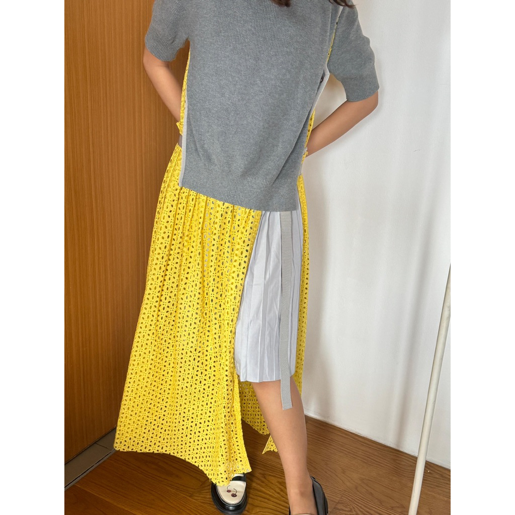 Private Eyes - Sacai Sweater Overlay Eyelet Lace Pleated Dress