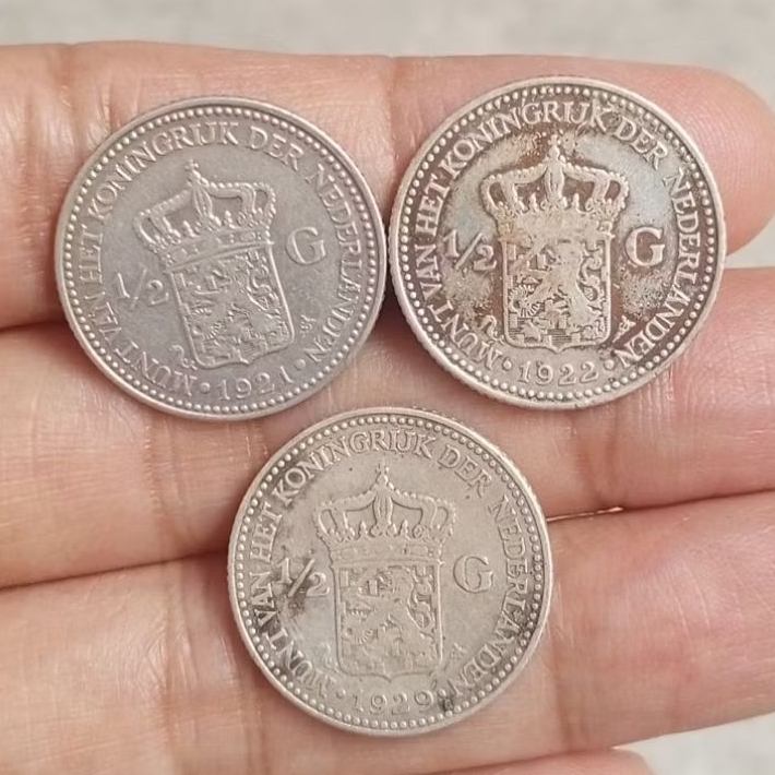 koin perak 1/2 Gulden Wilhelmina thn 1921,1922,1929 lot 3kpg