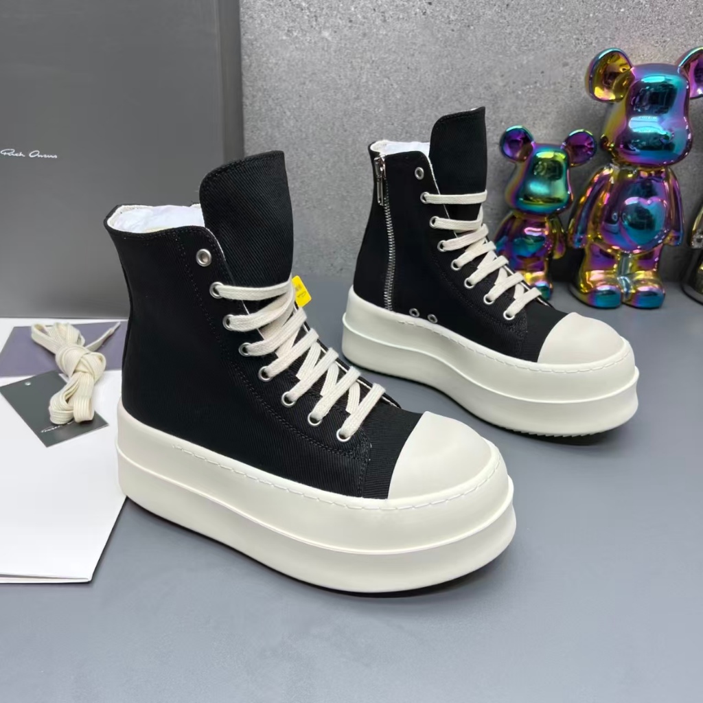 Rick Owens DRKSHDW fabric leather round toe lace up high top board shoes for men, black