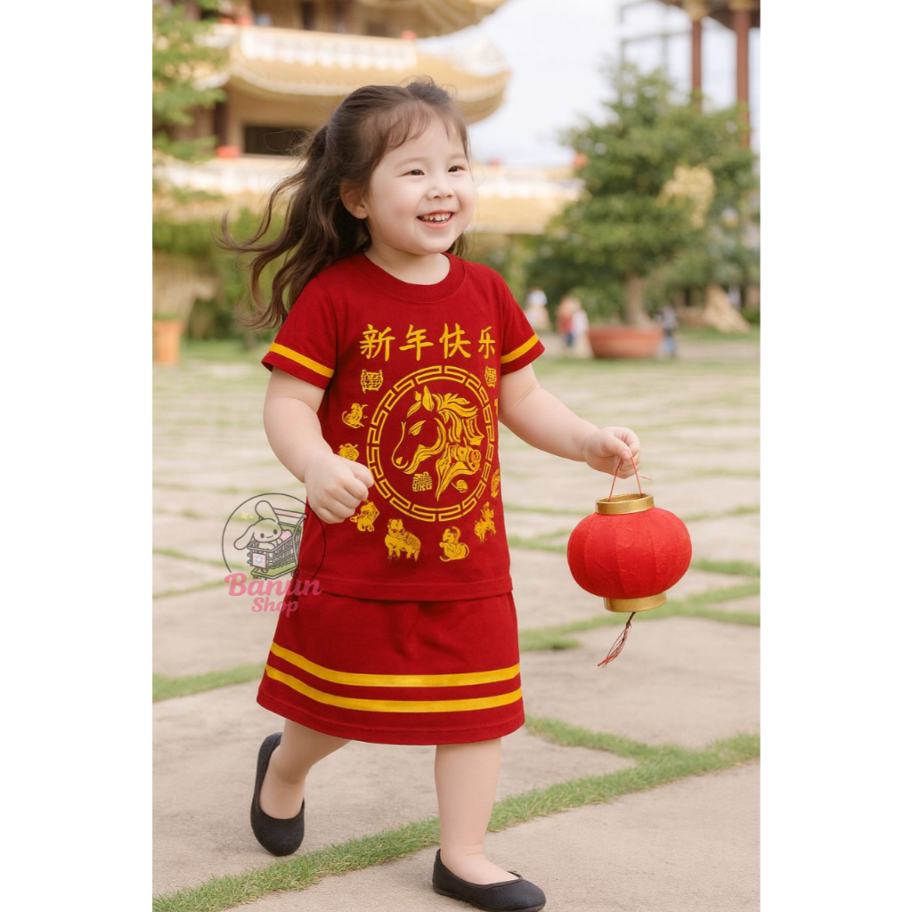 Setelan Anak Imlek Oneset Merah Perempuan Laki Terbaru Kungfu Pakaian Kids Lengan Panjang Pendek Gon