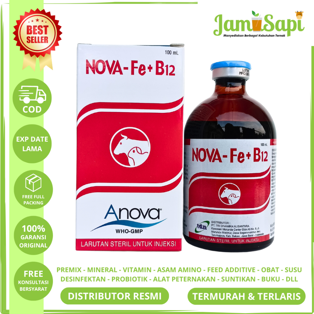 NOVA FE B12 100ml - Like Ferdex Plus - Vitamin B12 dan Zat besi untuk hewan Sapi Babi Kambing - Anti