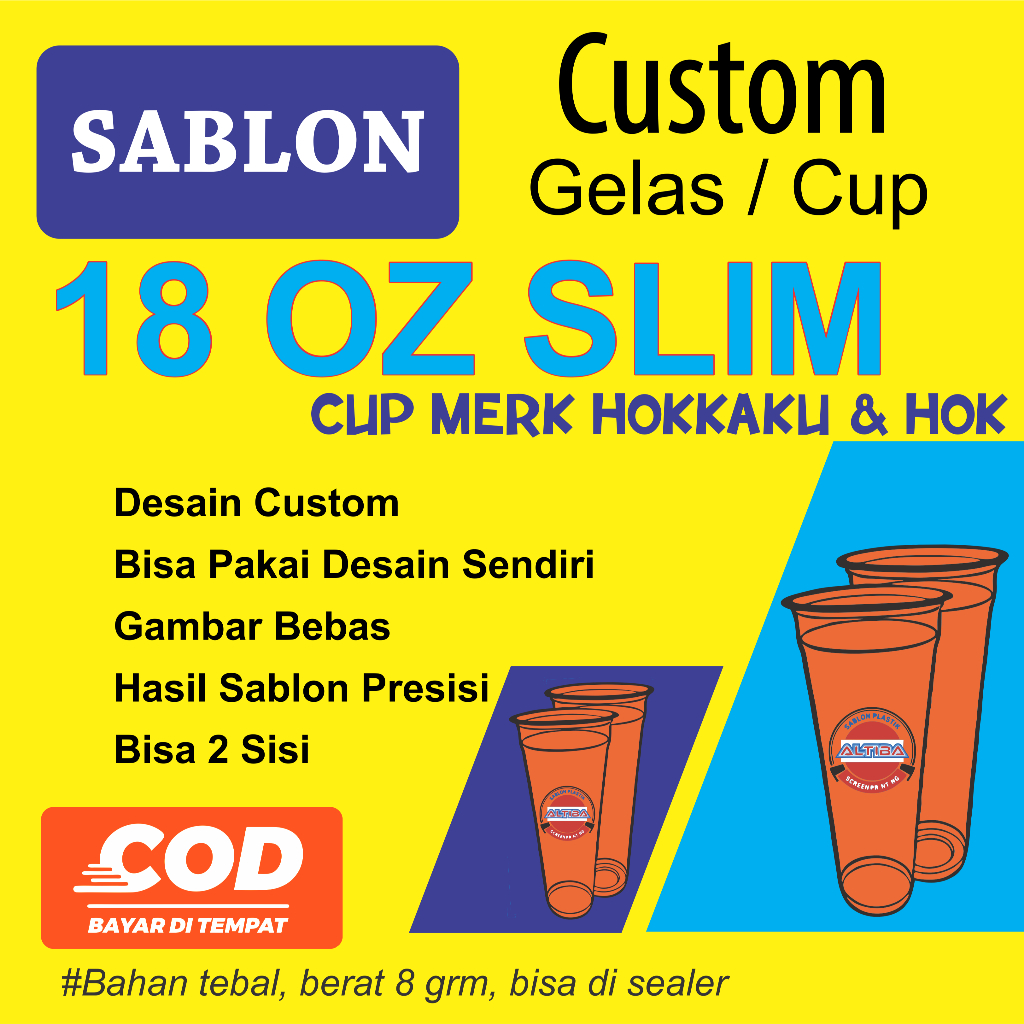 Sablon Gelas / Cup Plastik 18 OZ Slim merk Hokkaku dan hok ( 8 Gram ), cup 18 slim custom sablon