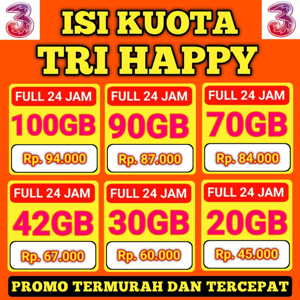 PROMO TERMURAH PAKET DATA TRI 100GB - TRI HAPPY, AON, HARIAN - KUOTA TRI MURAH