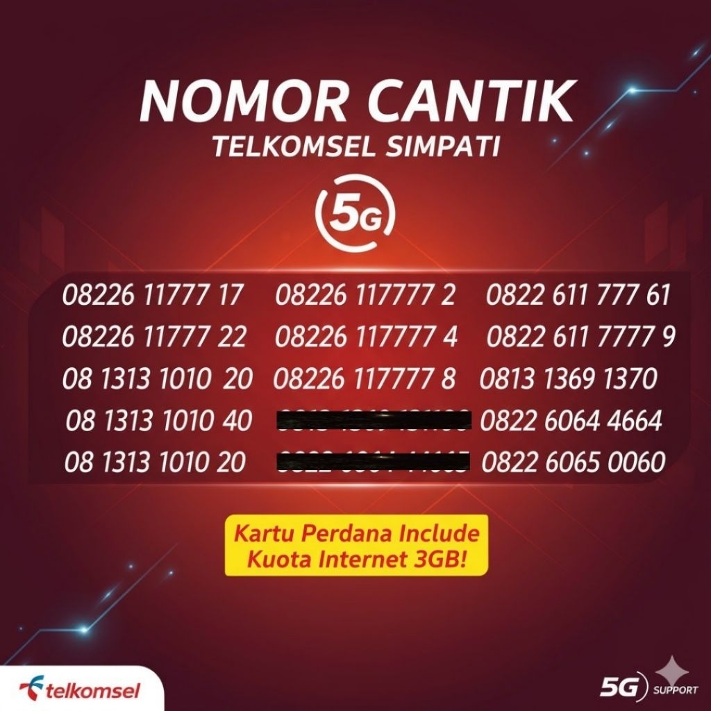 Nomor Cantik Telkomsel Simpati 5G Include kuota 3GB