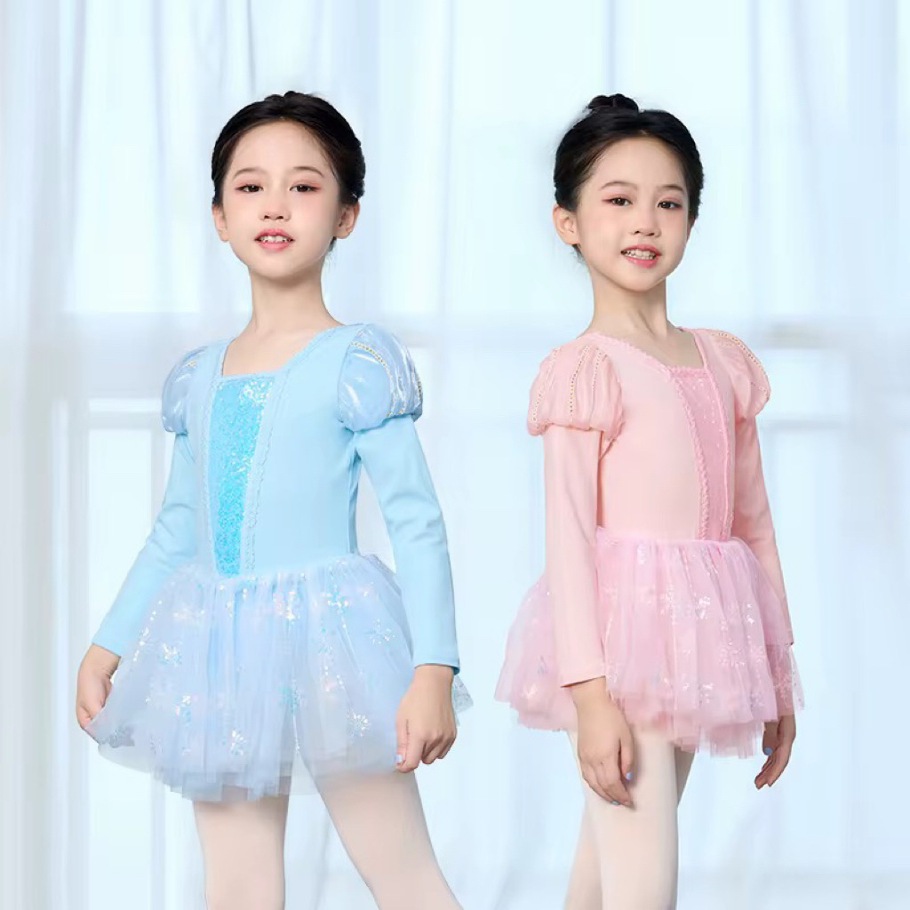 Baju Balet Anak Terusan - Frozen Elsa Ballet Dress Biru Pastel Pink Lengan Balon Puffy Payet Pentas 