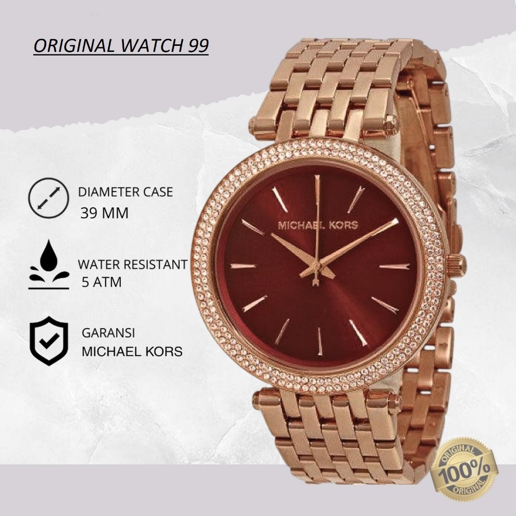 100% ORIGINAL Jam Tangan Wanita Michael Kors MK3378 Darci Rosegold Stainless Steel Strap Rantai Red 