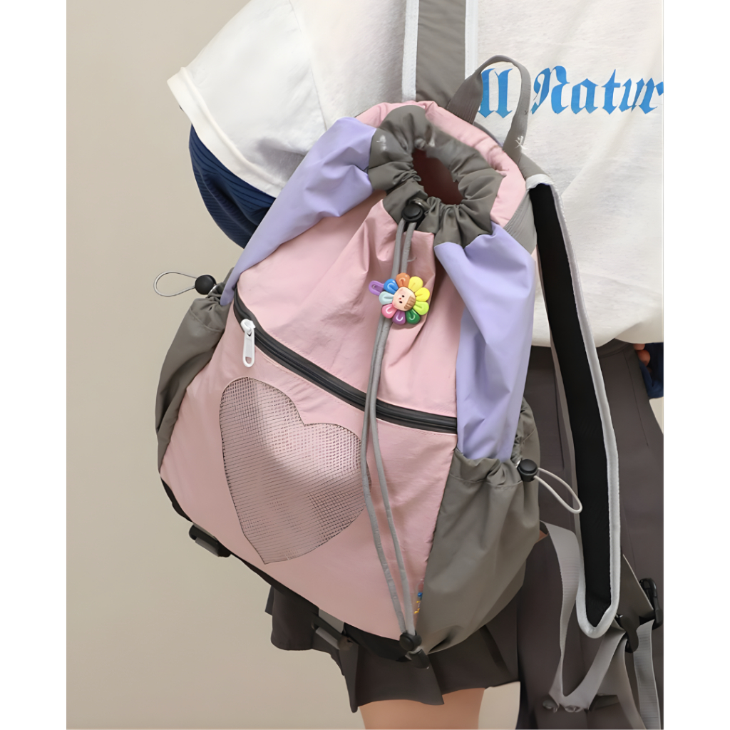 Tas Ransel Coquette Korea Heart Patchwork Backpack tas serut Aesthetic Warna Pastel Lucu Muat Banyak
