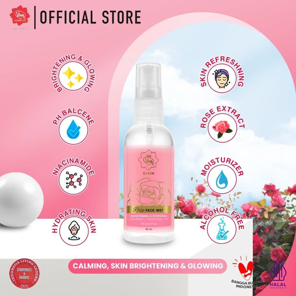 Viva Queen Rose Face Mist 60ml | Brightening & Hydrating Niacinamide | Face Toner Mencerahkan Melemb