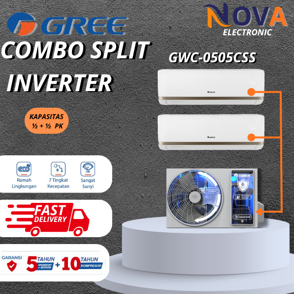 GREE AC Combo Split Inverter 2 Indoor 0.5 PK + 0.5 PK – Hemat Listrik & Cepat Dingin