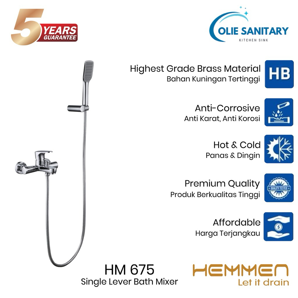 Hemmen HM 675 Paket Keran Mixer Shower Set Panas Dingin Chrome Krom Kran Air