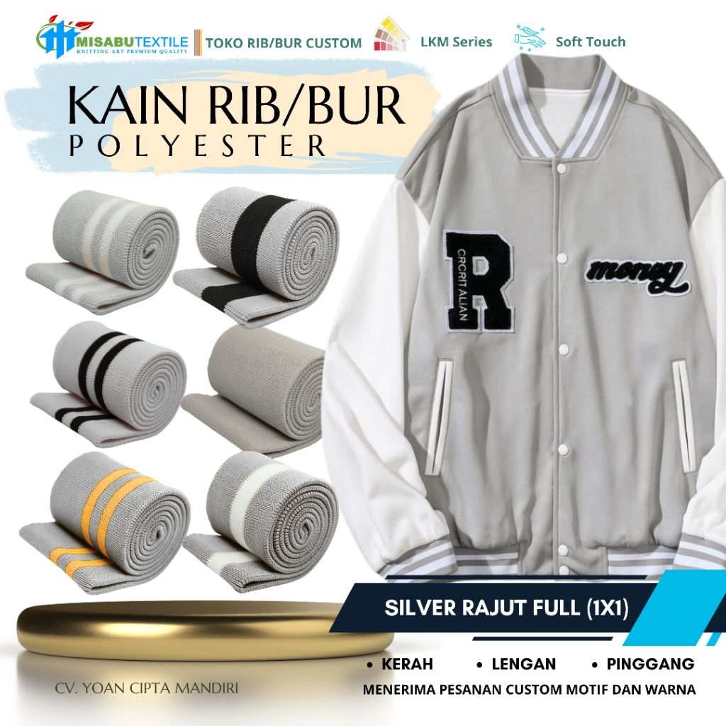 Kain rib bur jaket poliester texart silver abu muda rajut premium polos dan strip