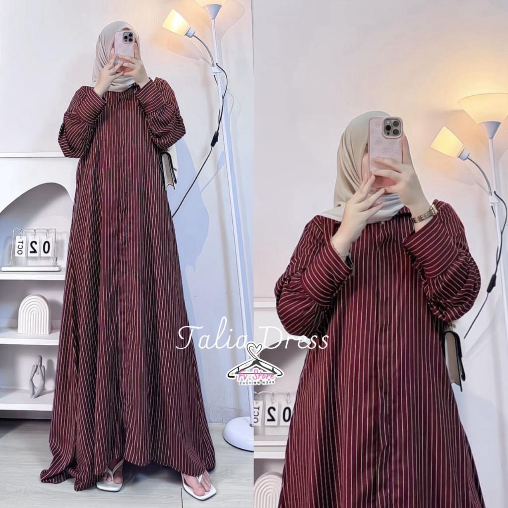 Talia Dress Gamis Muslim LD 115 - 120 PB 135 - 138 Bahan Rayon Premium Motif Salur Bumil Busui Frien