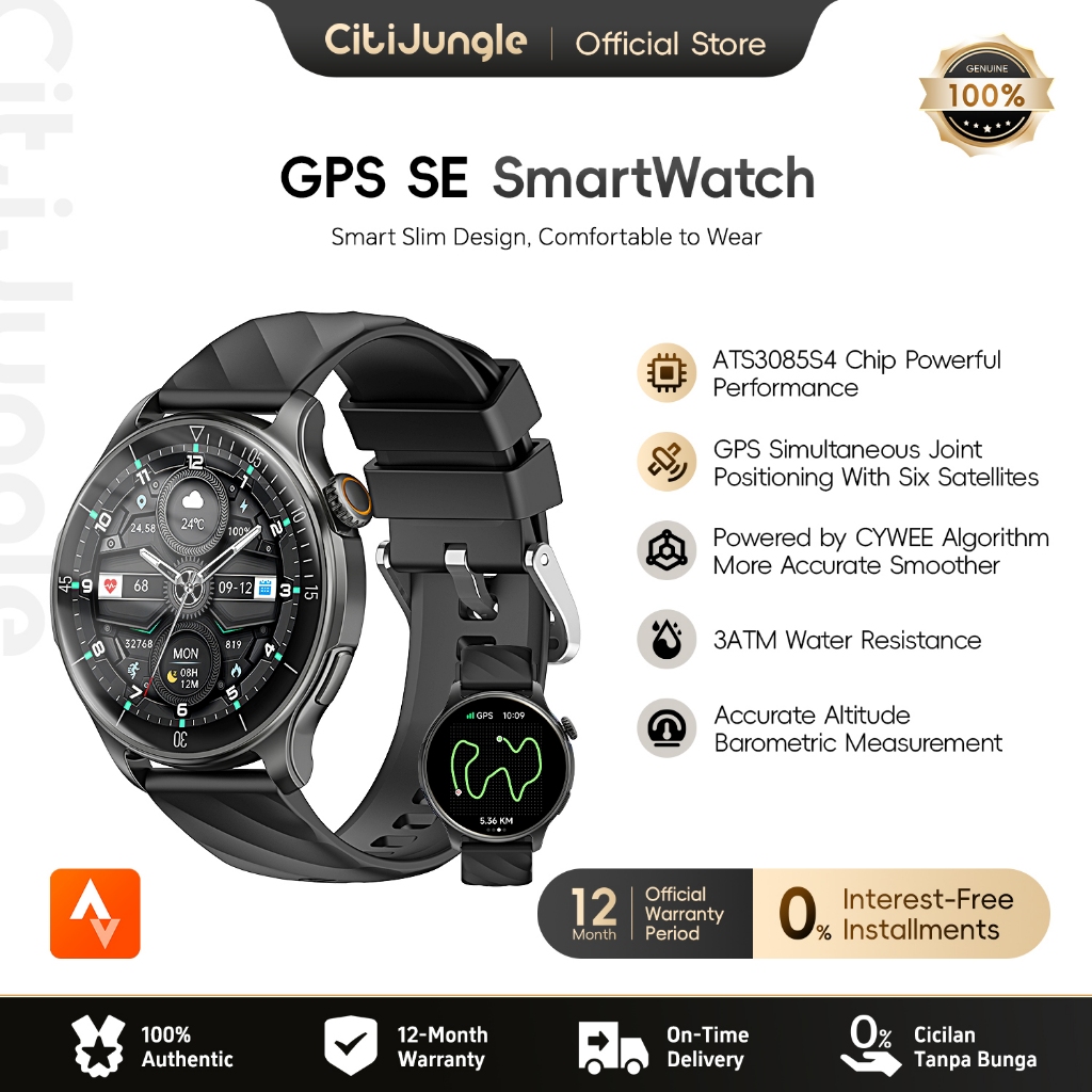 Citijungle Smartwatch GPS SE | Layar AMOLED 1.43" | Tahan Air 3ATM | Bluetooth 5.3 | Kompas & Barome