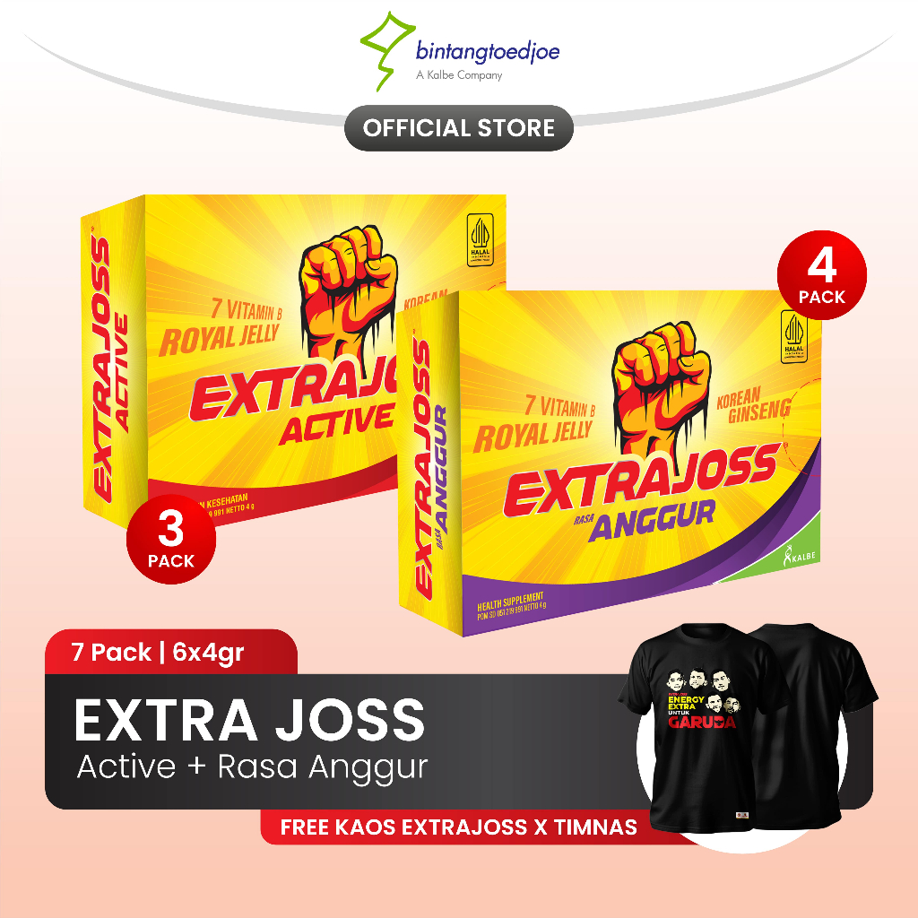Extra Joss Active 3 Pack (36 Sachet) + Extra Joss Laki Mangga 4 Pack (24 Sachet) FREE Kaos Timnas