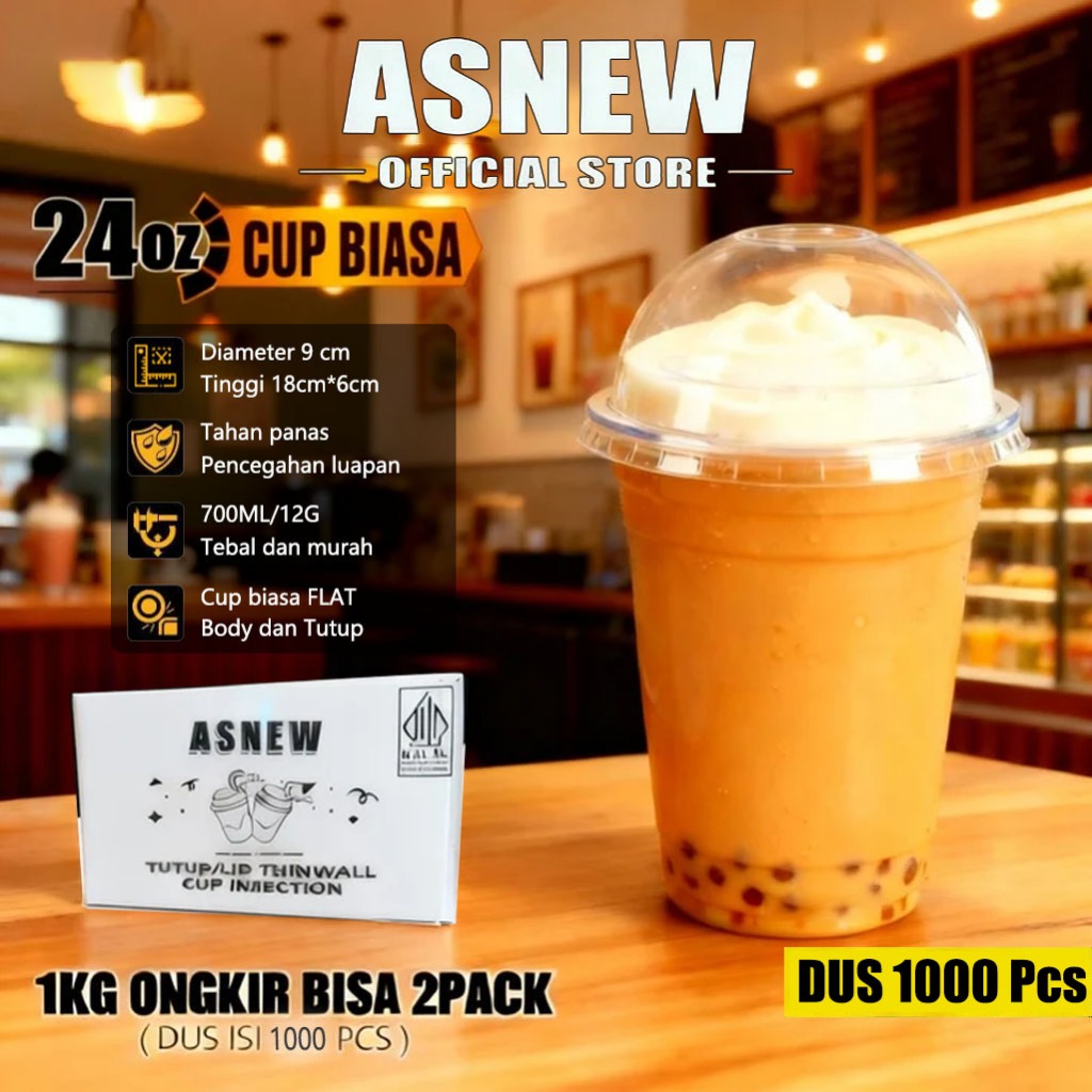 ASNEW 1000 Pcs Bening Cup Bulat Gelas Plastik 14oz 24oz BOBA POP ICE JUS ES PUSPAN