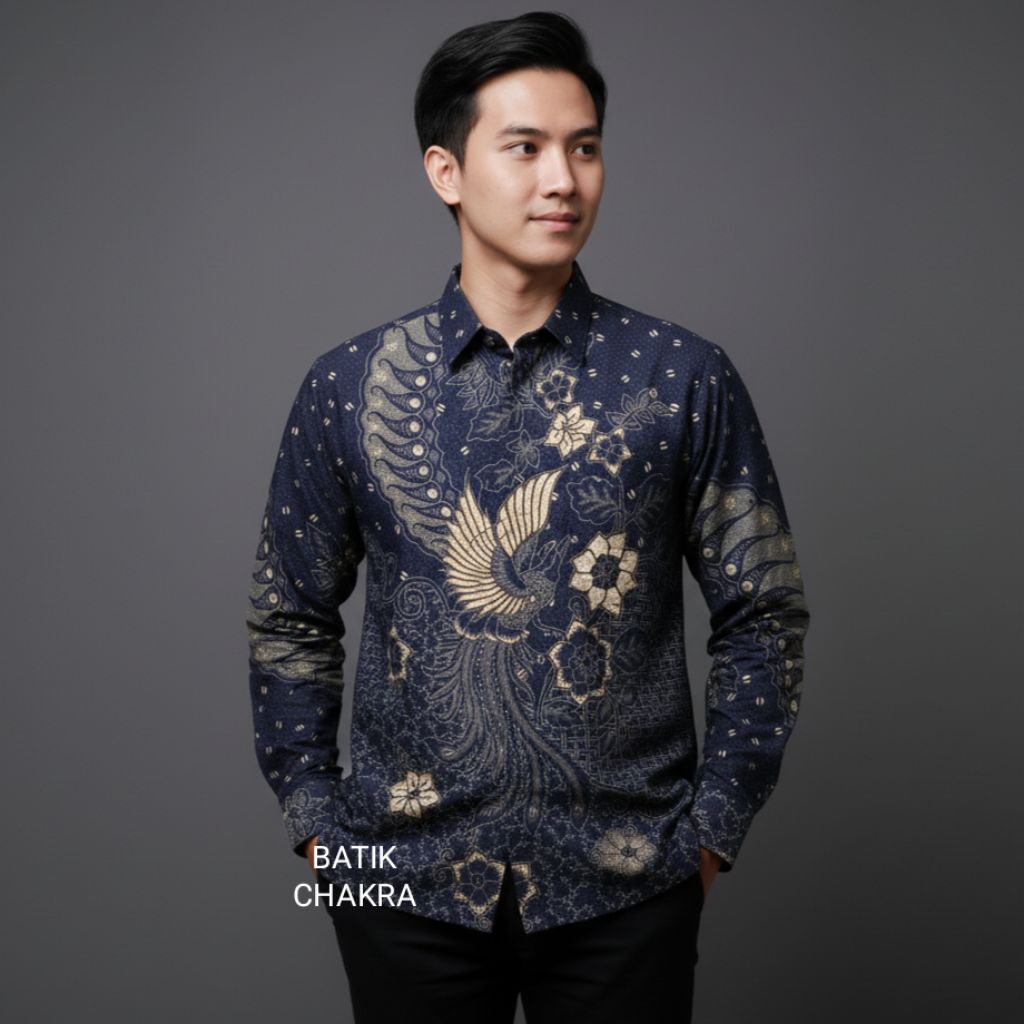 Kemeja batik pria NAVY lengan panjang bahan doby lapis furing motif terbaru