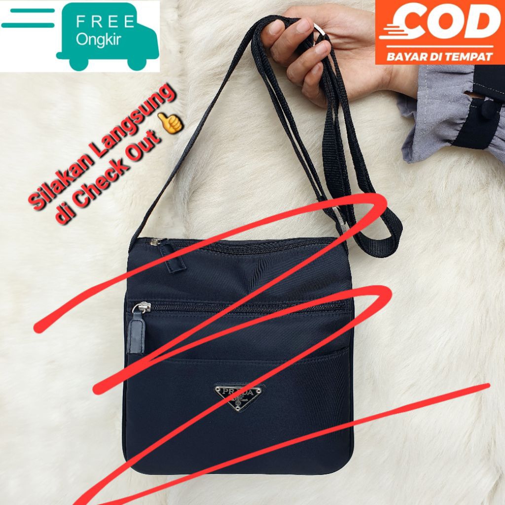 Tas Selempang Sling Bag Pria Wanita Nilon Mix Kulit Asli Hitam Model Unik
