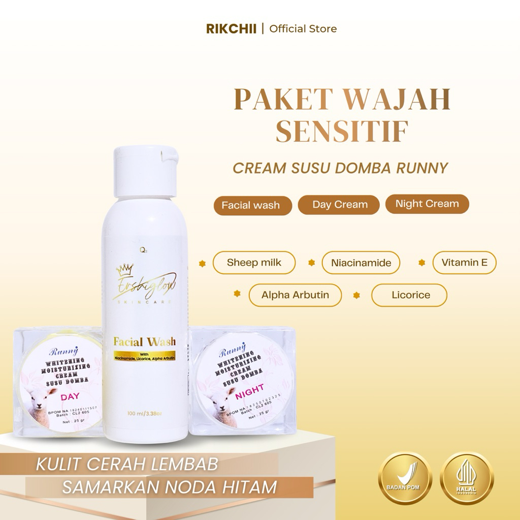 3in1 Paket Wajah Sensitif Cream Susu Domba Runny/ Cream Susu Domba CSD / Cream Pemutih Wajah / Peraw
