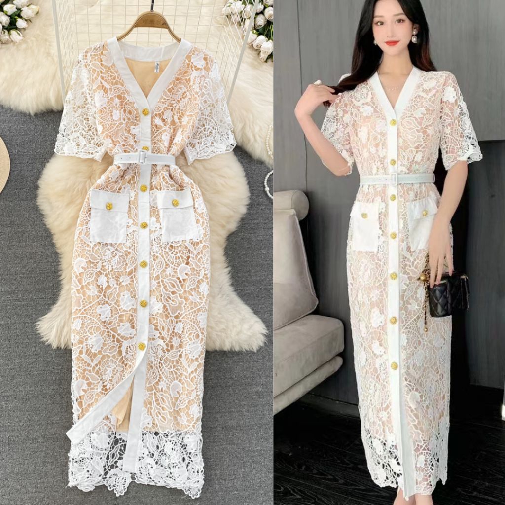 Tikazyka - Dress Brokat Brukat Mewah Premium Warna Pink Hitam Putih Ungu