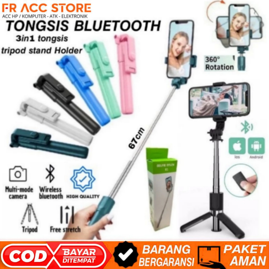 Tongsis Bluetooth 3in1 R1 Tripod HP REMOT Bluetooth MINI Selfie Stick