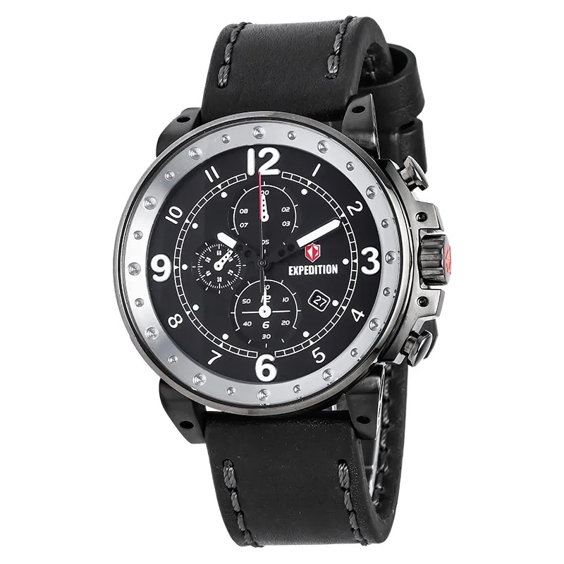 Jam Tangan Pria Expedition E 6681 MC L EPBA Man Black Dial Black Leather Strap