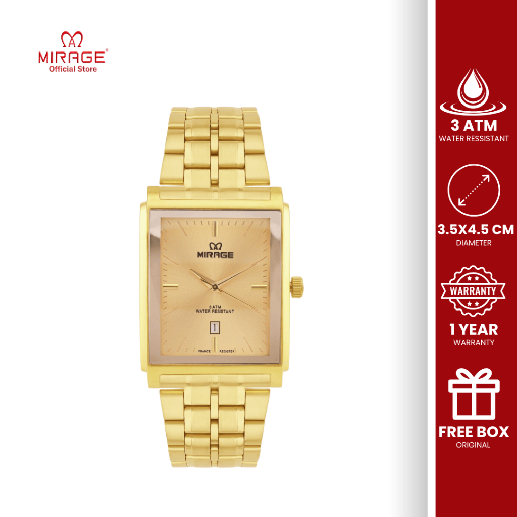 Mirage Jam Tangan Analog Pria Anti Air Segi Mewah Formal Stainless Gold Original Bergaransi 8576 M